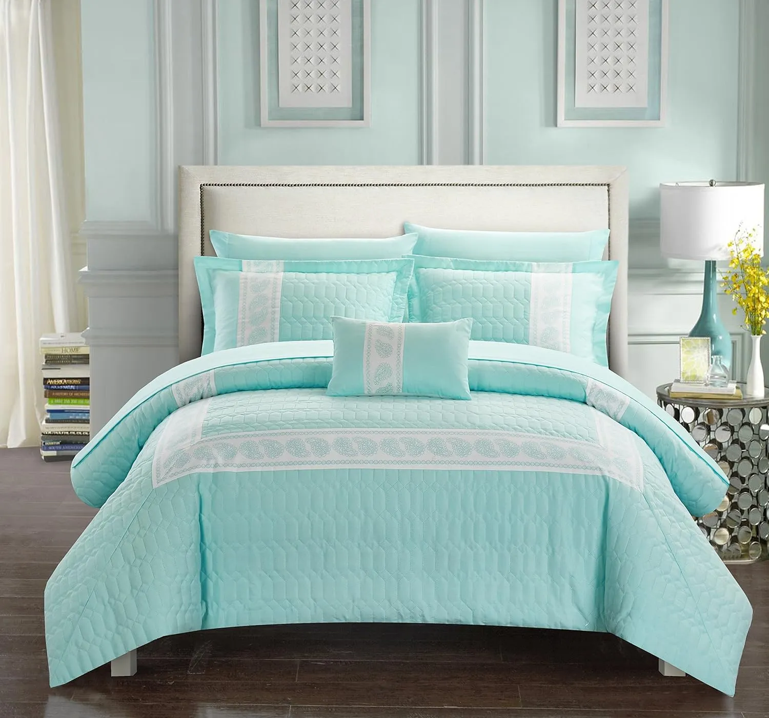 Chic Home Titian 6 Piece Comforter Hotel Collection Hexagon Embossed Paisley Print Border Design Bed in a Bag-Sheet Set Decorative Pillow Sham Included, Twin, Aqua