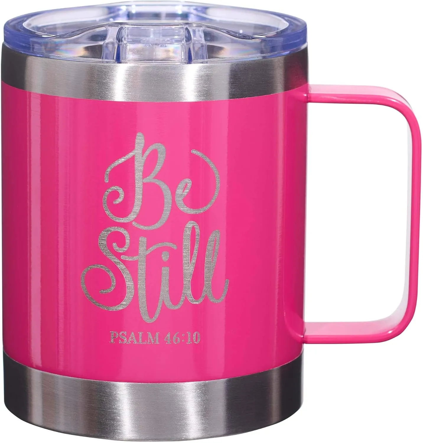 Christian Art Gifts Stainless Steel Double Wall Vacuum Insulated Camp Style Travel Mug 11 oz Pink Coffee Mug with Retractable Lid and Handle for Women with Bible Verse - Be Still -Psalm 46:10