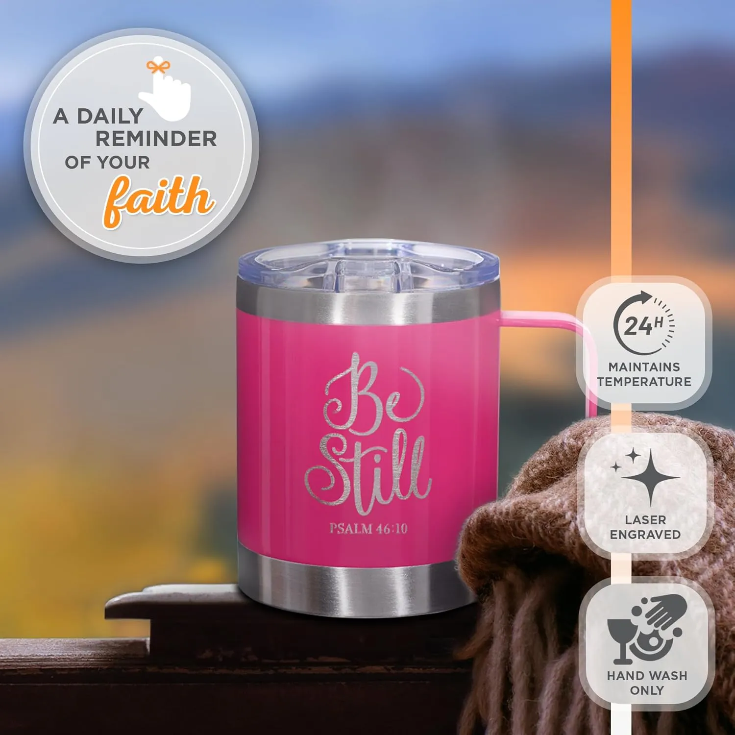 Christian Art Gifts Stainless Steel Double Wall Vacuum Insulated Camp Style Travel Mug 11 oz Pink Coffee Mug with Retractable Lid and Handle for Women with Bible Verse - Be Still -Psalm 46:10