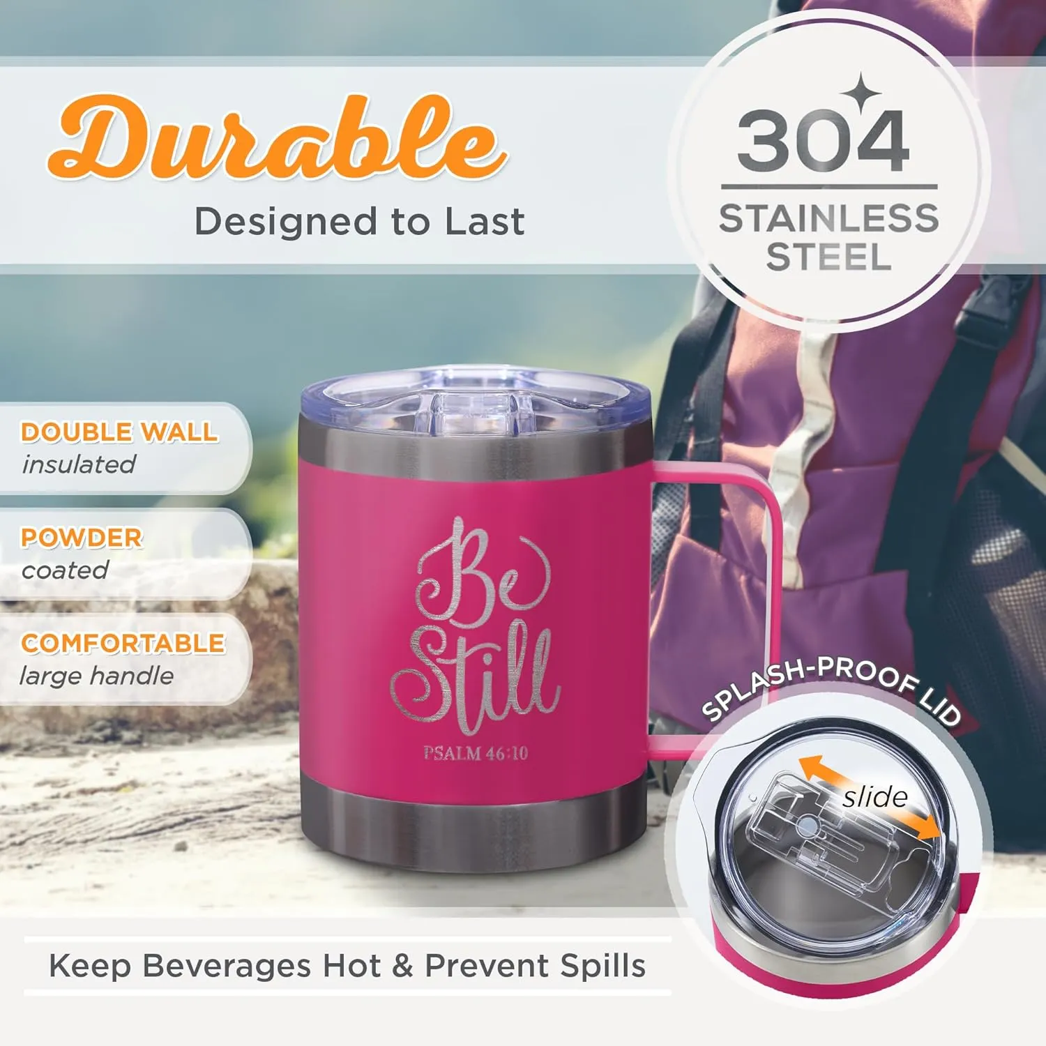 Christian Art Gifts Stainless Steel Double Wall Vacuum Insulated Camp Style Travel Mug 11 oz Pink Coffee Mug with Retractable Lid and Handle for Women with Bible Verse - Be Still -Psalm 46:10