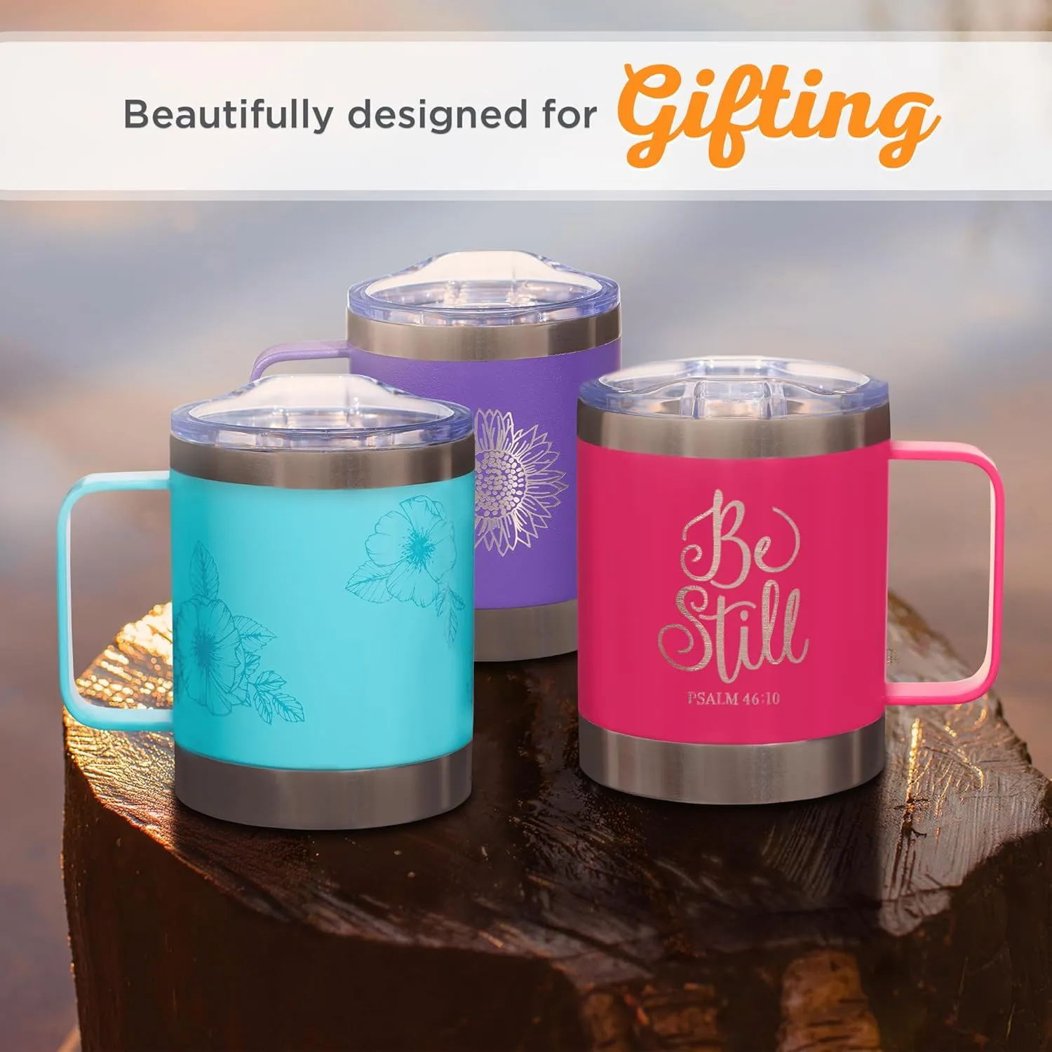 Christian Art Gifts Stainless Steel Double Wall Vacuum Insulated Camp Style Travel Mug 11 oz Pink Coffee Mug with Retractable Lid and Handle for Women with Bible Verse - Be Still -Psalm 46:10
