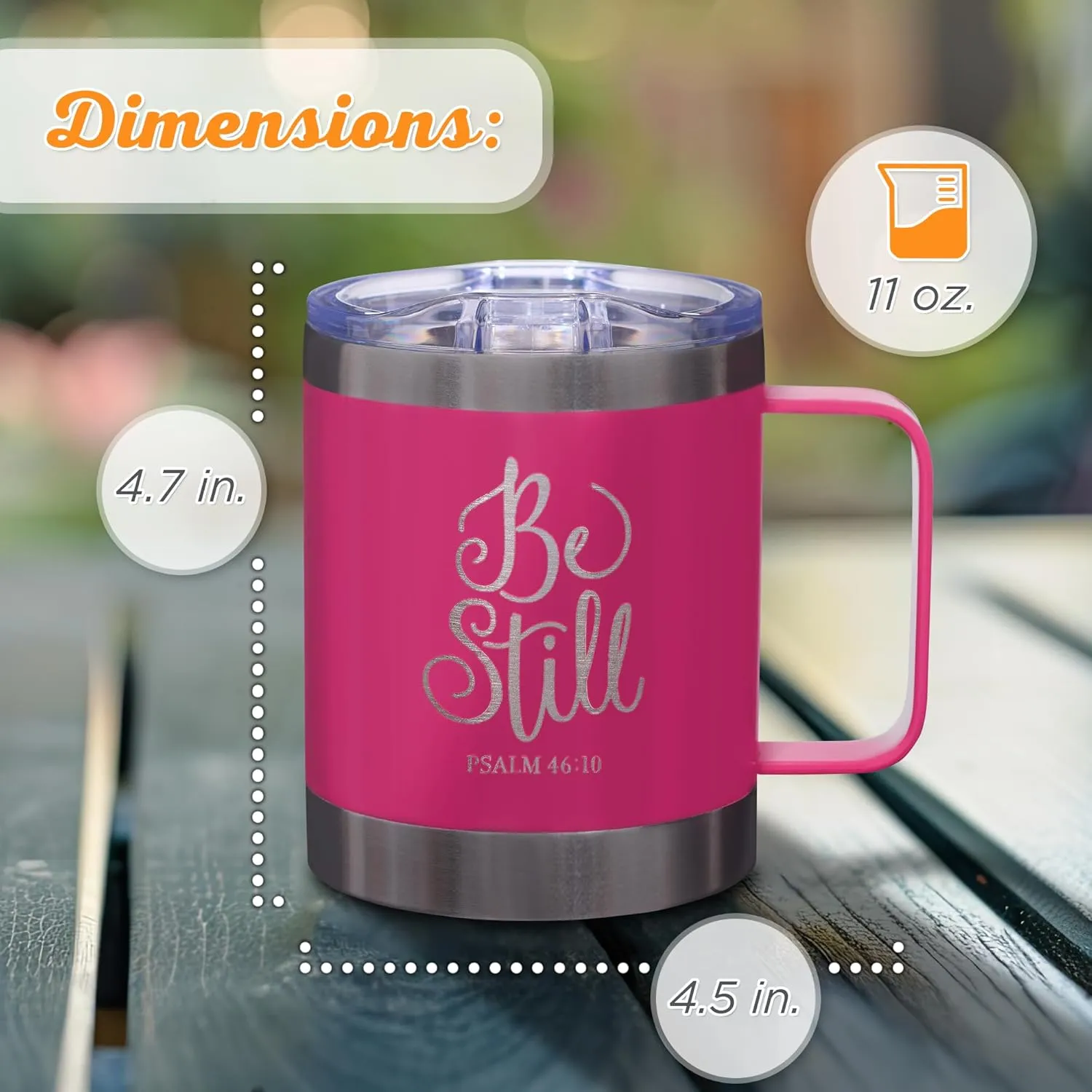 Christian Art Gifts Stainless Steel Double Wall Vacuum Insulated Camp Style Travel Mug 11 oz Pink Coffee Mug with Retractable Lid and Handle for Women with Bible Verse - Be Still -Psalm 46:10