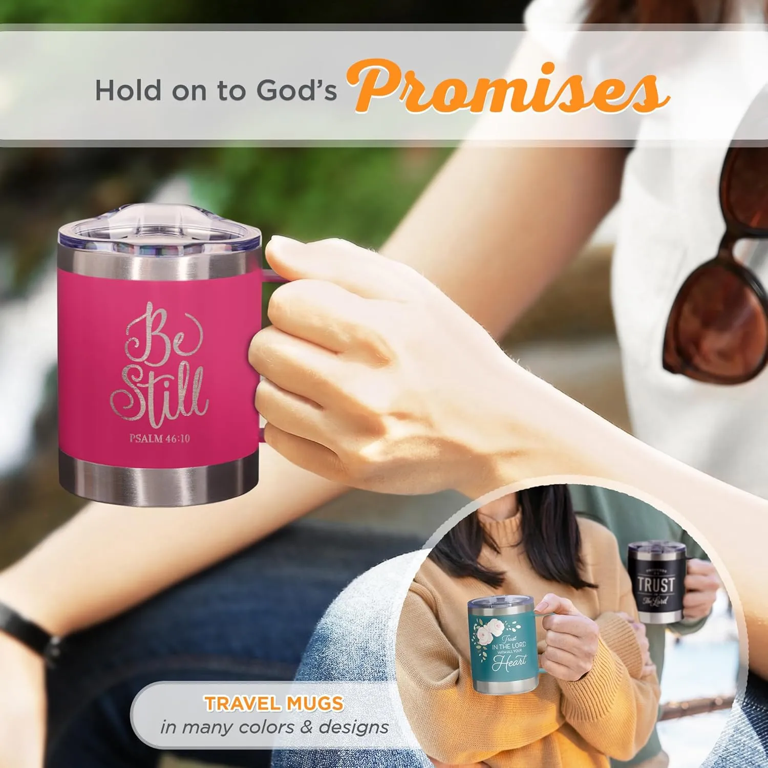 Christian Art Gifts Stainless Steel Double Wall Vacuum Insulated Camp Style Travel Mug 11 oz Pink Coffee Mug with Retractable Lid and Handle for Women with Bible Verse - Be Still -Psalm 46:10