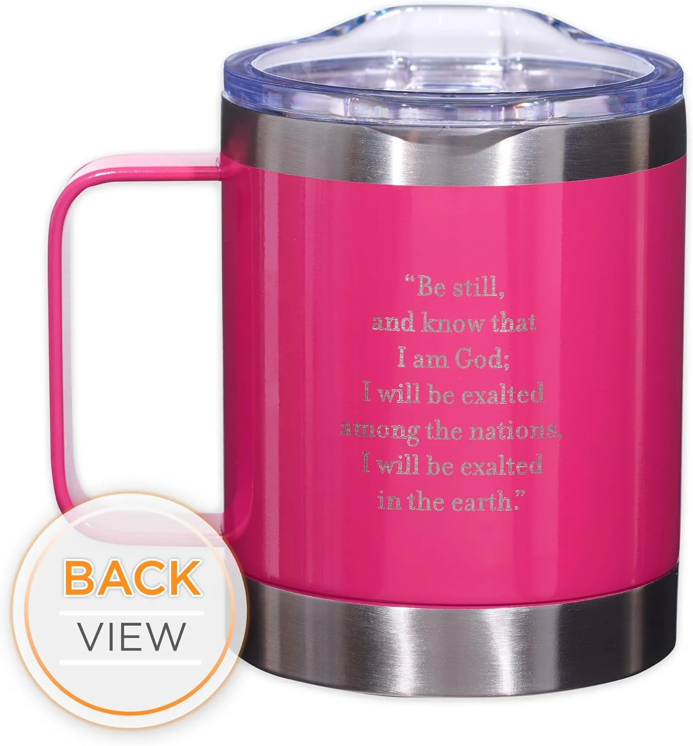 Christian Art Gifts Stainless Steel Double Wall Vacuum Insulated Camp Style Travel Mug 11 oz Pink Coffee Mug with Retractable Lid and Handle for Women with Bible Verse - Be Still -Psalm 46:10