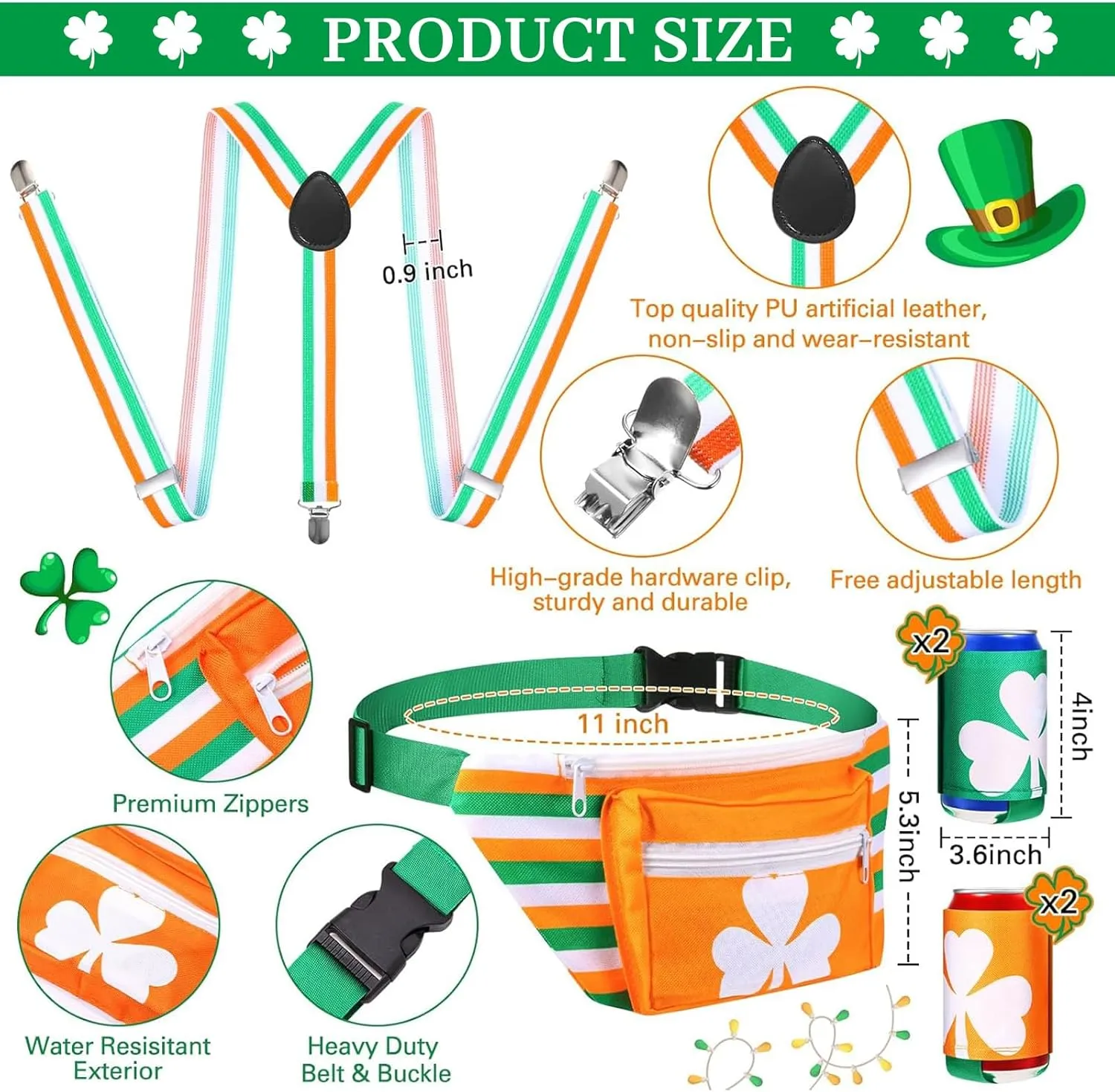 Chunful 10 Pcs St. Patrick's Day Fanny Pack Shamrocks Belt Bag Fanny Pack with Suspenders Drink Holder Headband Wristband (Charming Style)