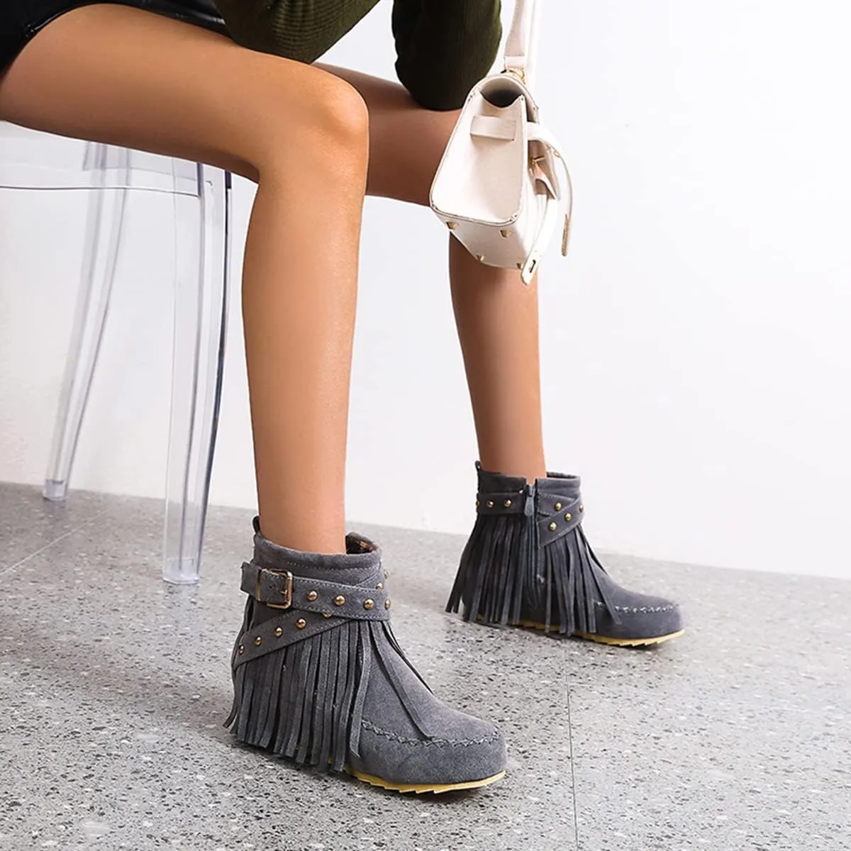 Ciuyurra Classic Fringe Moccasin Boots Ankle High Women Low Heel Booties