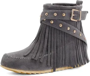 Ciuyurra Classic Fringe Moccasin Boots Ankle High Women Low Heel Booties