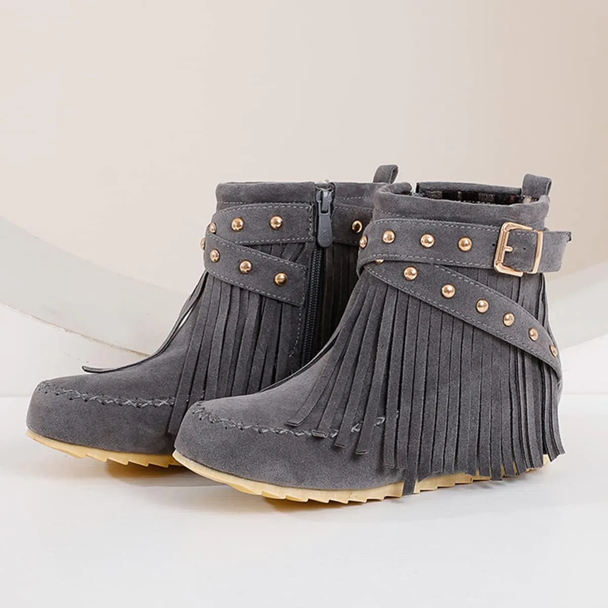 Ciuyurra Classic Fringe Moccasin Boots Ankle High Women Low Heel Booties