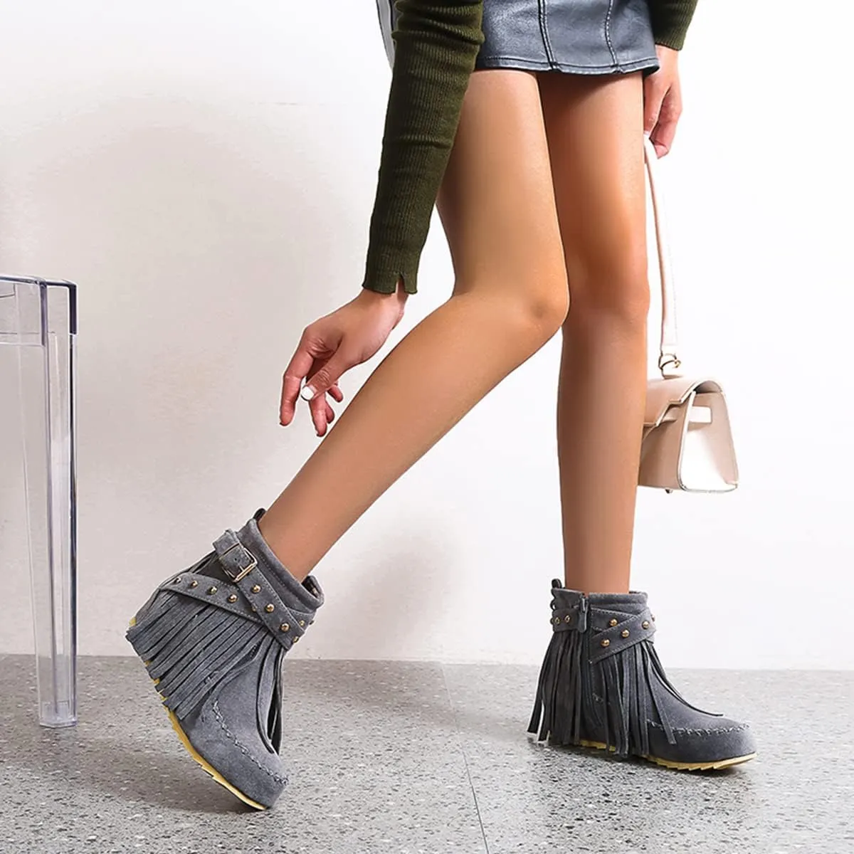 Ciuyurra Classic Fringe Moccasin Boots Ankle High Women Low Heel Booties