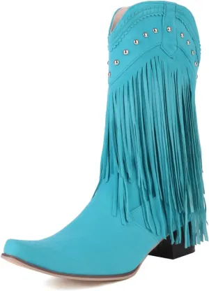 Ciuyurra Women Classic Fringe Western Boots Mid High Cuban Heels