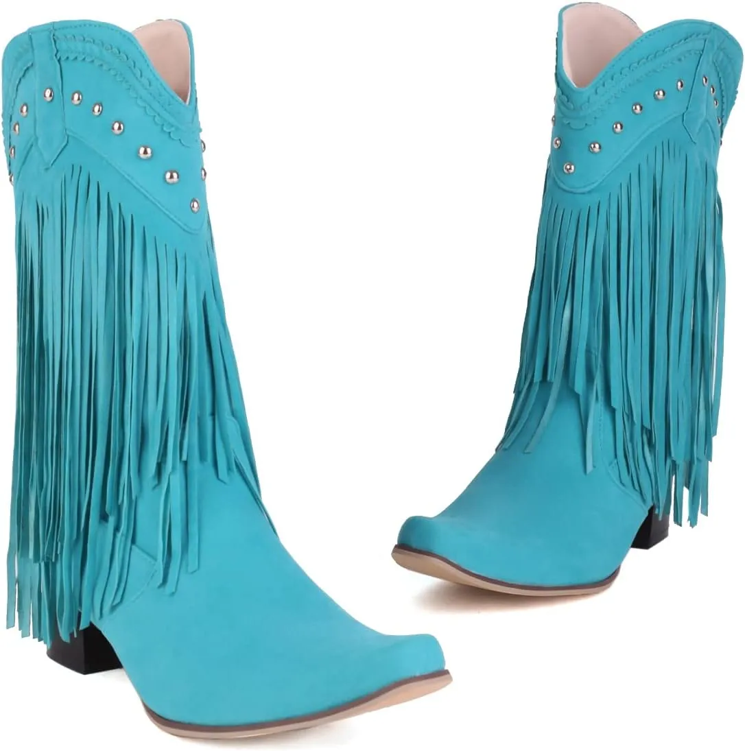Ciuyurra Women Classic Fringe Western Boots Mid High Cuban Heels