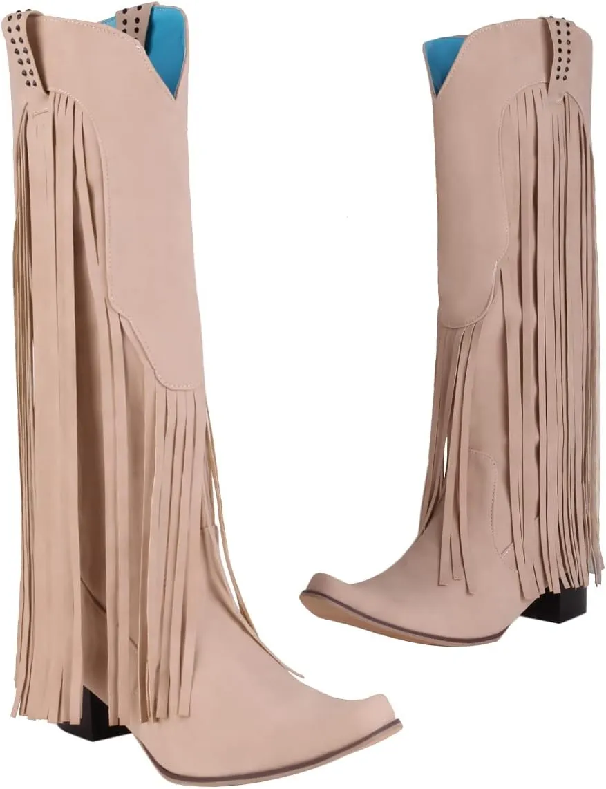 Ciuyurra Women Classic Fringe Western Boots Mid High Cuban Heels