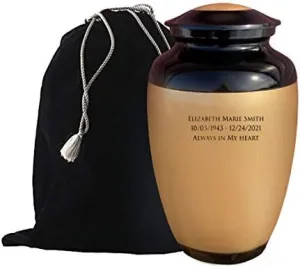 Classic Custom Engraved Cremation Urn - Handcrafted Brass Urn for Human Ashes - Gold with Velvet Bag