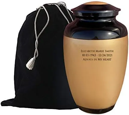 Classic Custom Engraved Cremation Urn - Handcrafted Brass Urn for Human Ashes - Gold with Velvet Bag