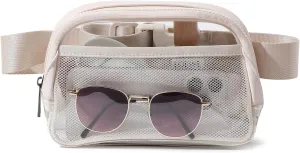 Clear Belt Bag Fanny Pack Stadium Approved, Small Leather Transparent Waist Bag with Adjustable Strap for Concerts Sports Events, Crossbody Purses for Men & Women (Beige)