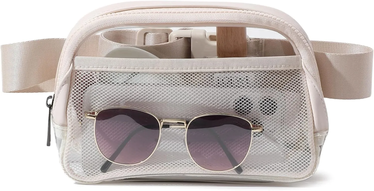 Clear Belt Bag Fanny Pack Stadium Approved, Small Leather Transparent Waist Bag with Adjustable Strap for Concerts Sports Events, Crossbody Purses for Men & Women (Beige)