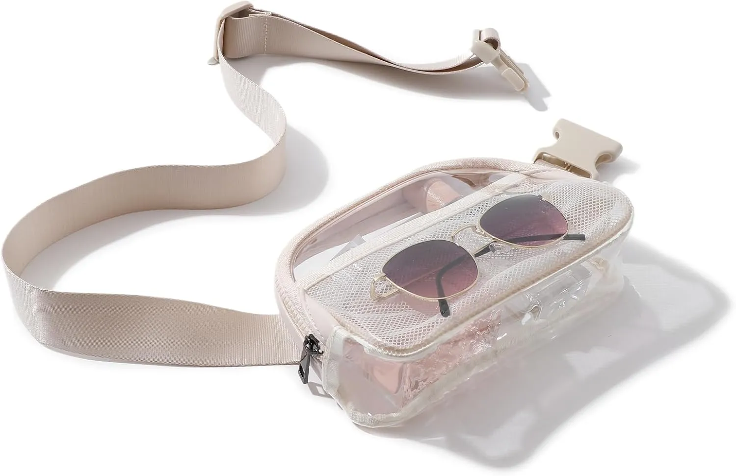 Clear Belt Bag Fanny Pack Stadium Approved, Small Leather Transparent Waist Bag with Adjustable Strap for Concerts Sports Events, Crossbody Purses for Men & Women (Beige)