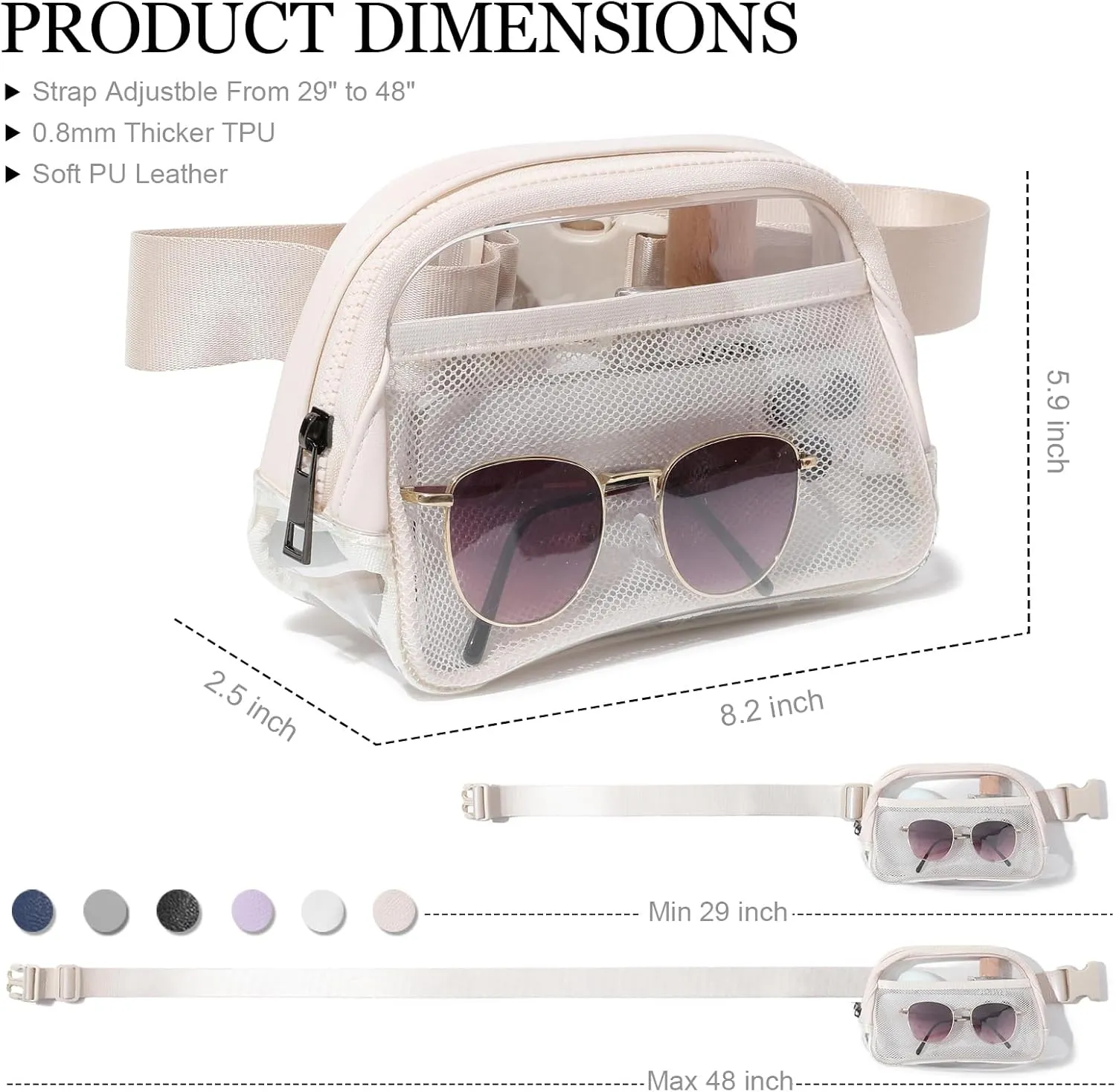 Clear Belt Bag Fanny Pack Stadium Approved, Small Leather Transparent Waist Bag with Adjustable Strap for Concerts Sports Events, Crossbody Purses for Men & Women (Beige)