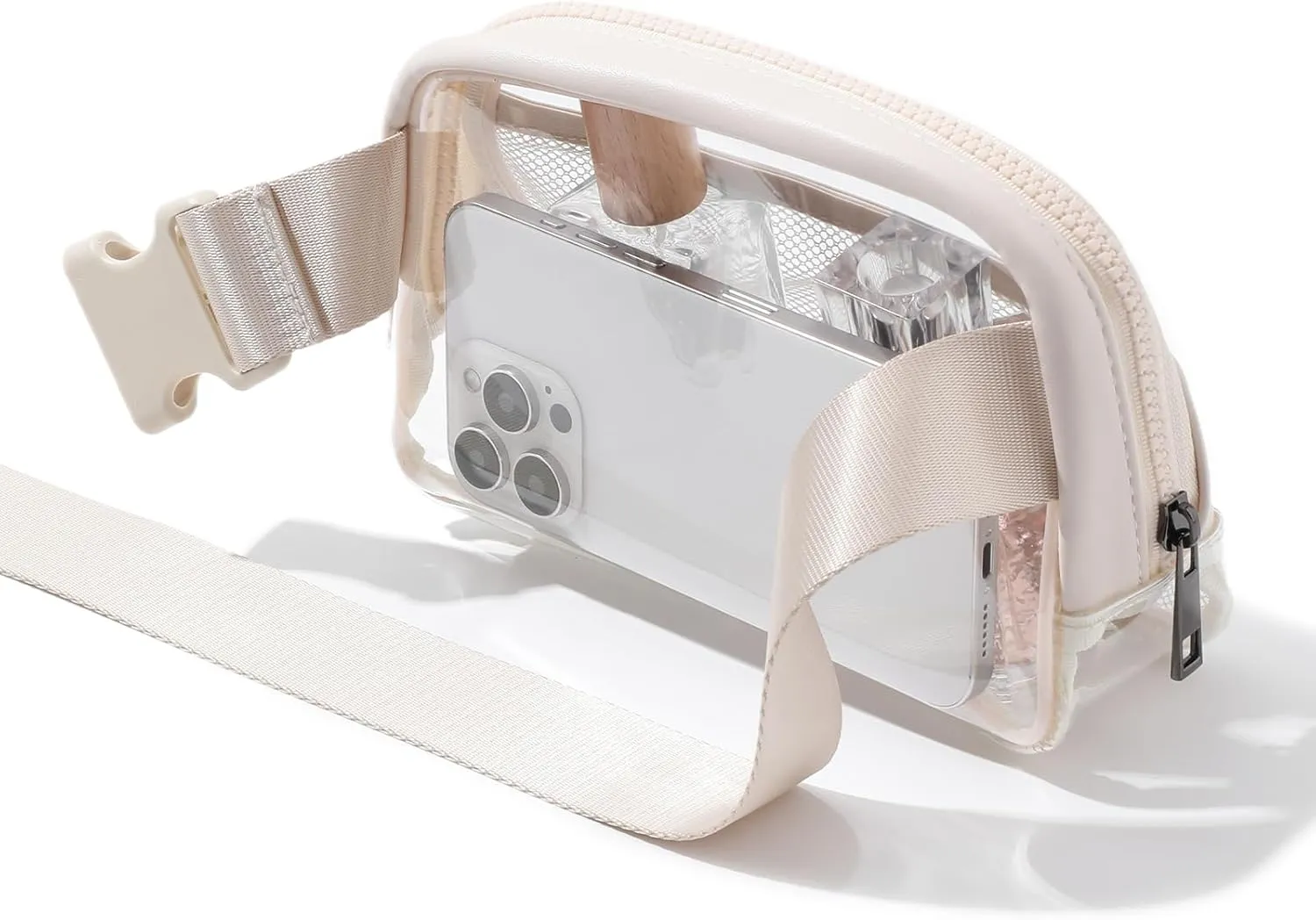 Clear Belt Bag Fanny Pack Stadium Approved, Small Leather Transparent Waist Bag with Adjustable Strap for Concerts Sports Events, Crossbody Purses for Men & Women (Beige)