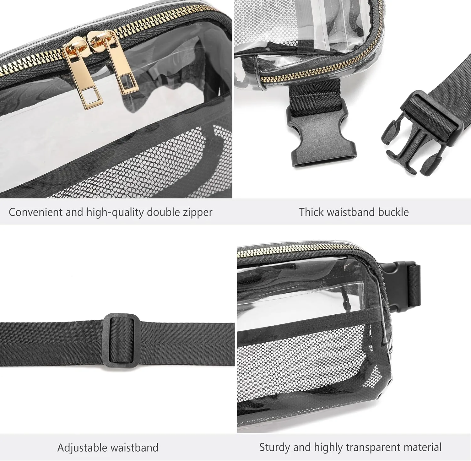 Clear Belt Bag Stadium Approved for Women Men With Adjustable Strap - Fanny Pack Crossbody Waist Bag for Concerts, Sports, Travelling, Hiking, Running (Black)