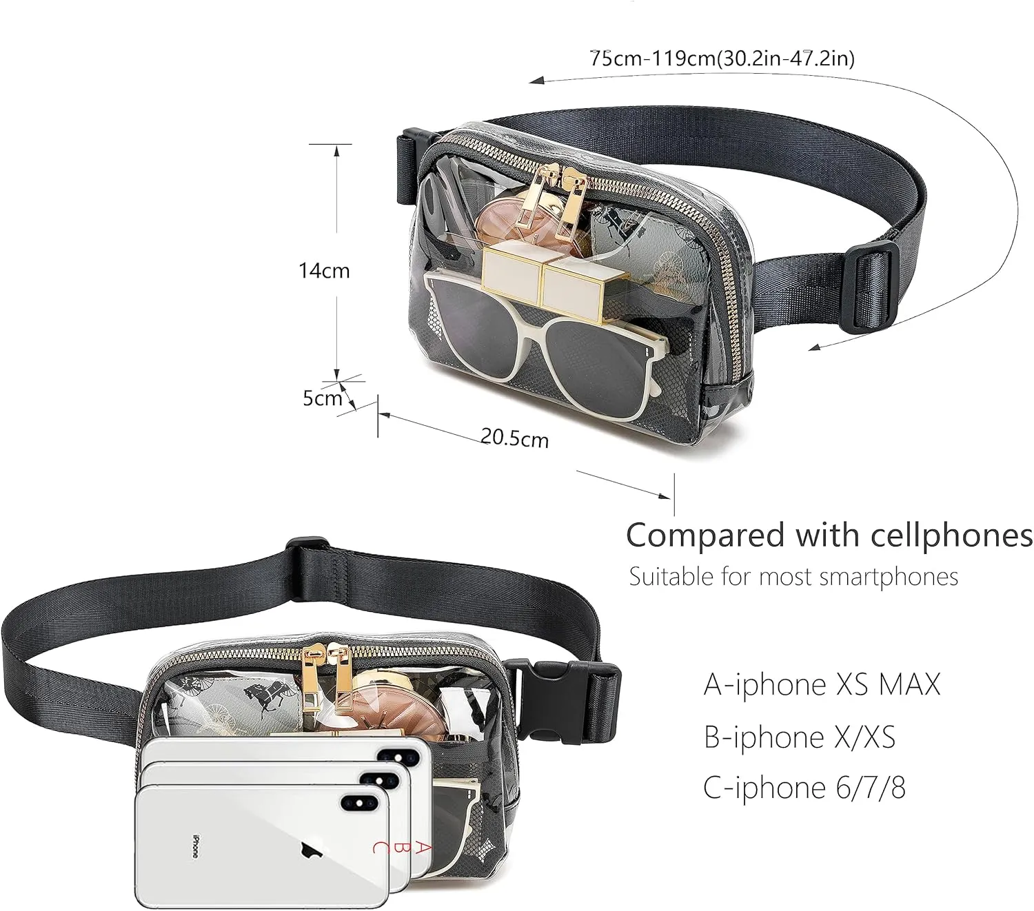 Clear Belt Bag Stadium Approved for Women Men With Adjustable Strap - Fanny Pack Crossbody Waist Bag for Concerts, Sports, Travelling, Hiking, Running (Black)