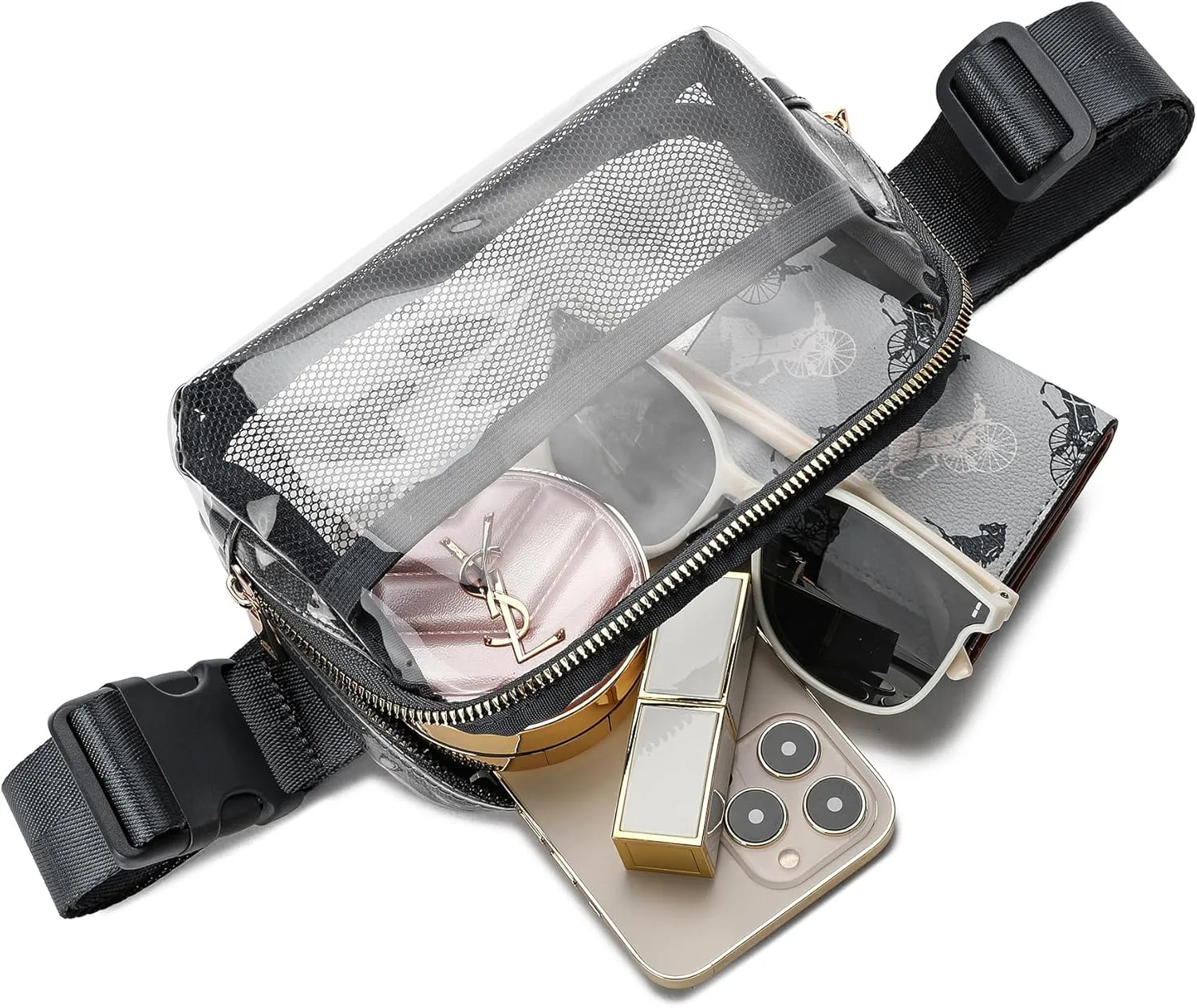 Clear Belt Bag Stadium Approved for Women Men With Adjustable Strap - Fanny Pack Crossbody Waist Bag for Concerts, Sports, Travelling, Hiking, Running (Black)