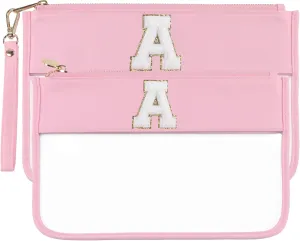 Clear Makeup Bag Set 2pcs Glitter Chenille Monogram Snacks Bag Travel Essentials Flat Zipper Pouch Cosmetic Brush Bag for Women (Pink Set-A)