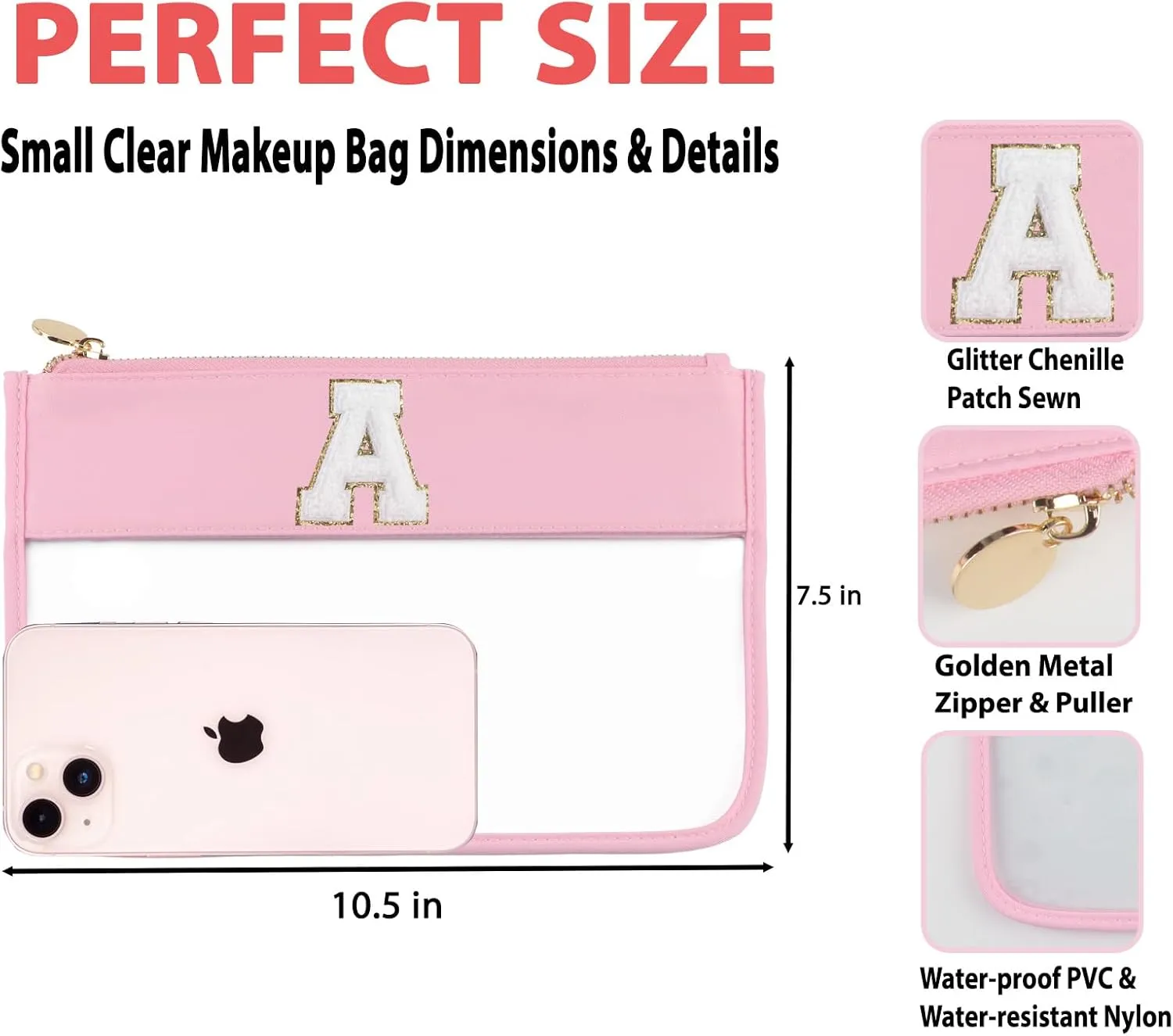 Clear Makeup Bag Set 2pcs Glitter Chenille Monogram Snacks Bag Travel Essentials Flat Zipper Pouch Cosmetic Brush Bag for Women (Pink Set-A)