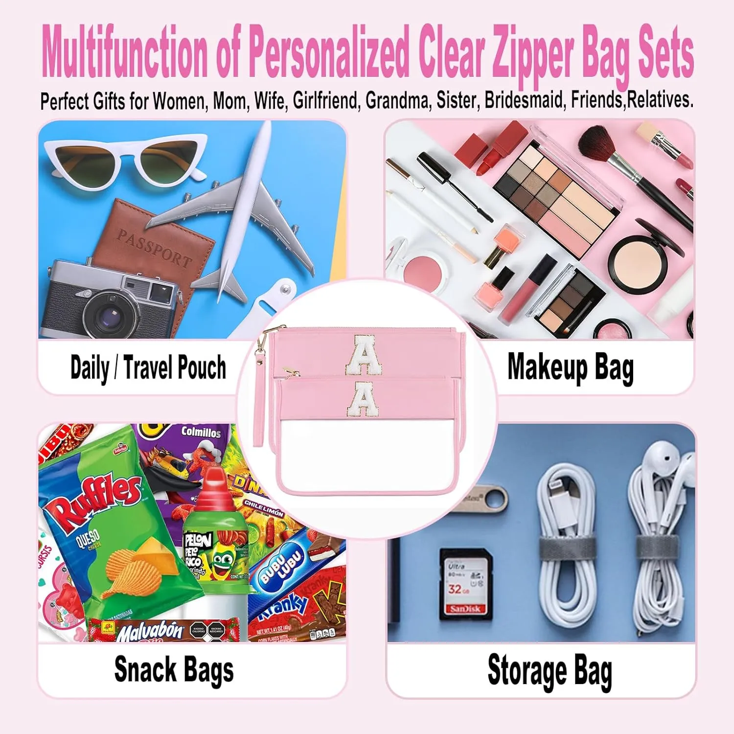 Clear Makeup Bag Set 2pcs Glitter Chenille Monogram Snacks Bag Travel Essentials Flat Zipper Pouch Cosmetic Brush Bag for Women (Pink Set-A)