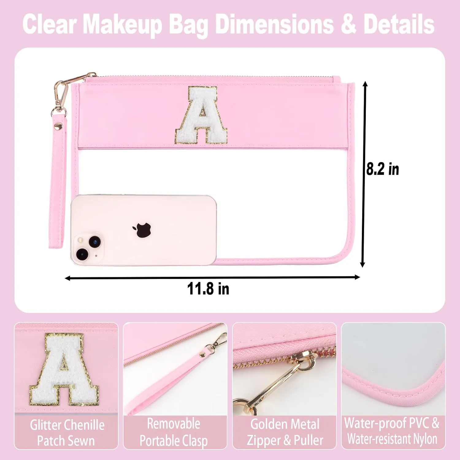 Clear Makeup Bag Set 2pcs Glitter Chenille Monogram Snacks Bag Travel Essentials Flat Zipper Pouch Cosmetic Brush Bag for Women (Pink Set-A)