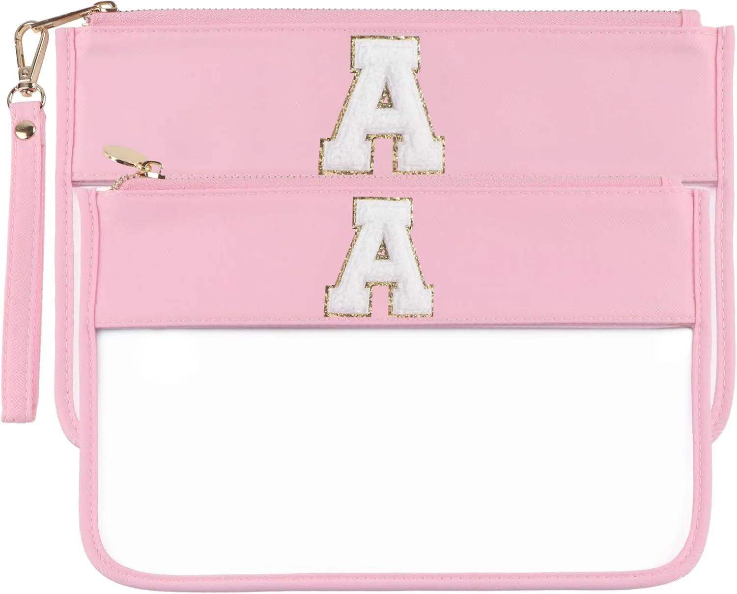 Clear Makeup Bag Set 2pcs Glitter Chenille Monogram Snacks Bag Travel Essentials Flat Zipper Pouch Cosmetic Brush Bag for Women (Pink Set-A)