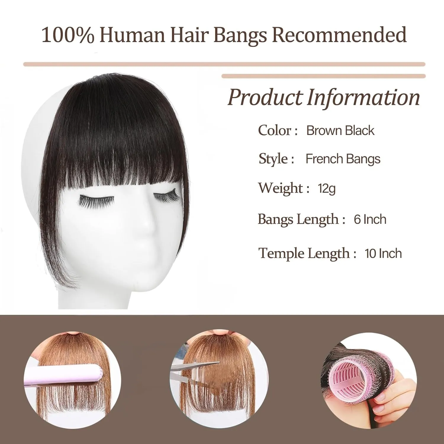 Clip In Bangs-100% Real Human Hair Bangs Clip Brown Black Clip On Bangs Hair Extensions Fake Bangs Human Hair French Bangs Hair Clip Fringe With Temples Hairpieces Curved Bangs For Daily Wear