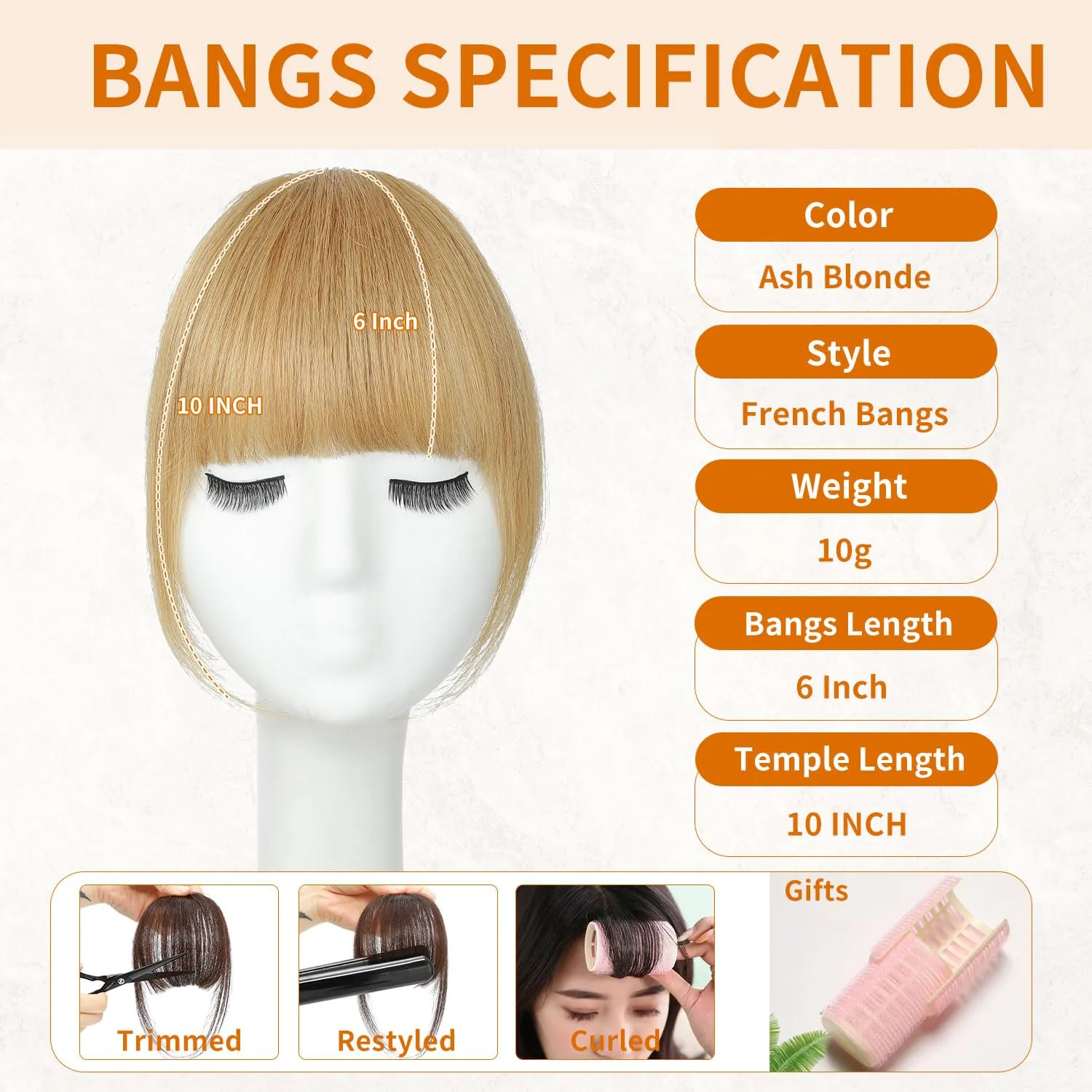 Clip in Bangs 100% Real Human Hair, Fake Bangs Hair Clip on Bang for Women, Ash Blonde French Bangs Fringe with Temples Hairpieces Extensions for Daily Wear (Ash Blonde, French Bangs)