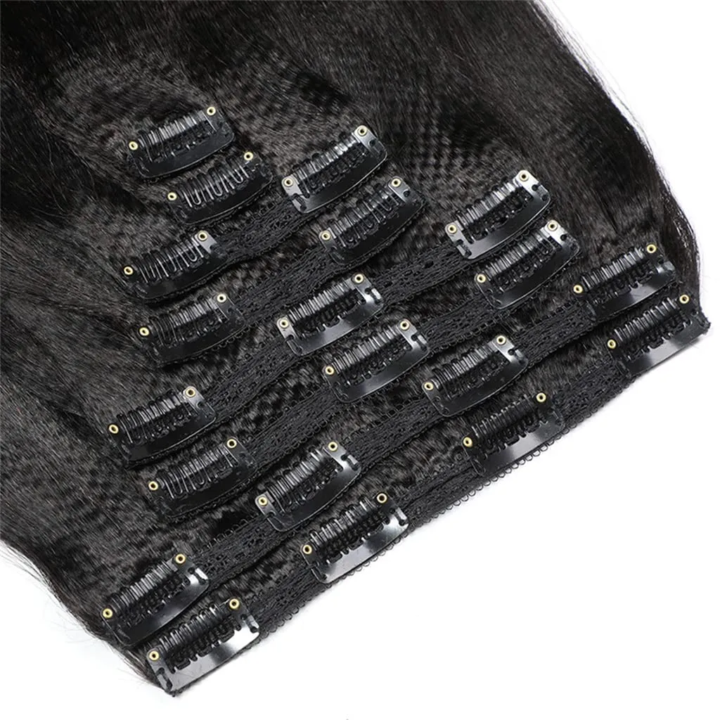 Clip In Extension 8 Pieces Set Perm Yaki Human Hair 115-120G 8"-24" Light Yaky Straight Remy Hair Extension 18 Clips Ins Black Short Hair for Women (14 Inches, #1B Natural Black)