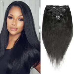 Clip In Extension 8 Pieces Set Perm Yaki Human Hair 115-120G 8"-24" Light Yaky Straight Remy Hair Extension 18 Clips Ins Black Short Hair for Women (14 Inches, #1B Natural Black)