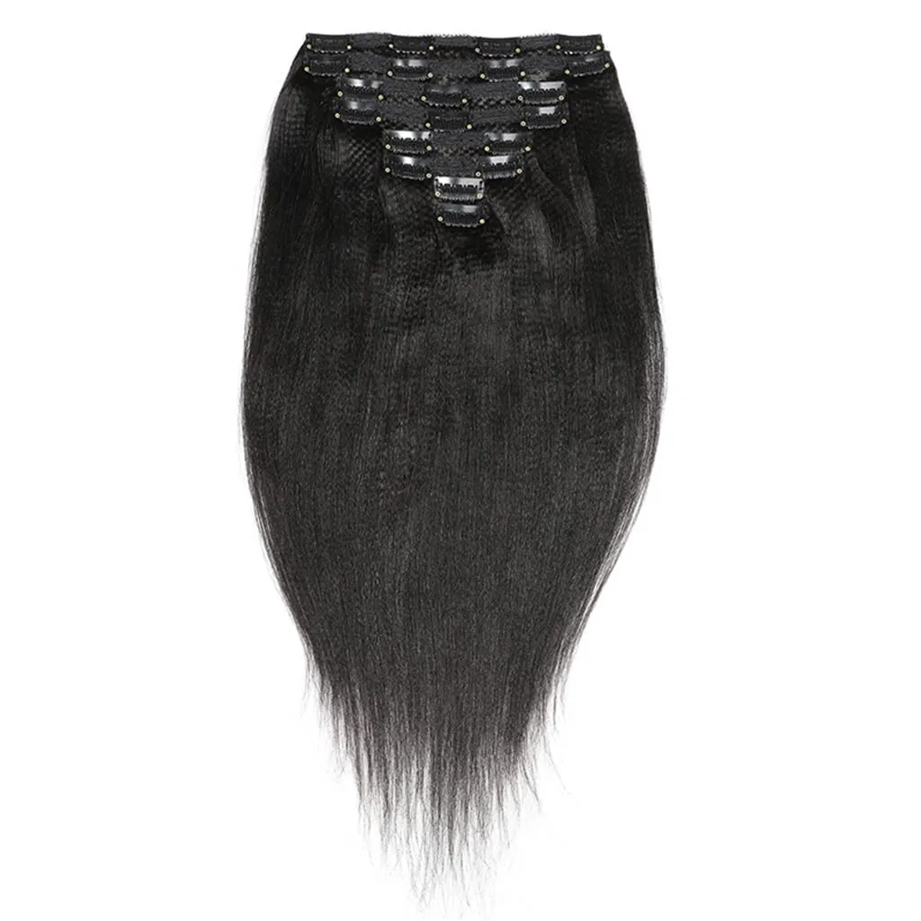 Clip In Extension 8 Pieces Set Perm Yaki Human Hair 115-120G 8"-24" Light Yaky Straight Remy Hair Extension 18 Clips Ins Black Short Hair for Women (14 Inches, #1B Natural Black)