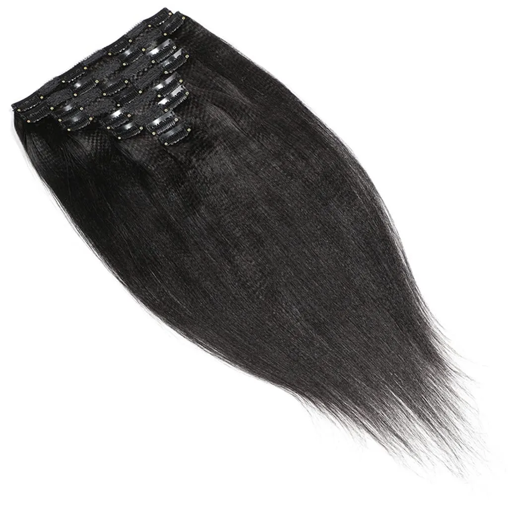 Clip In Extension 8 Pieces Set Perm Yaki Human Hair 115-120G 8"-24" Light Yaky Straight Remy Hair Extension 18 Clips Ins Black Short Hair for Women (14 Inches, #1B Natural Black)