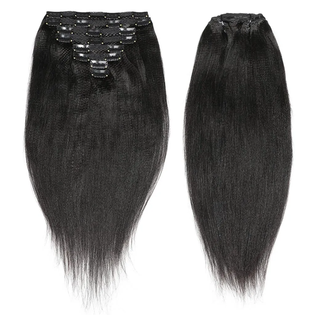 Clip In Extension 8 Pieces Set Perm Yaki Human Hair 115-120G 8"-24" Light Yaky Straight Remy Hair Extension 18 Clips Ins Black Short Hair for Women (14 Inches, #1B Natural Black)