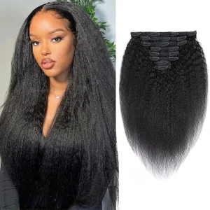 Clip in Hair Extension Human Hair for Women Kinky Straight Clip Ins Extension Yaki Straight Real Virgin Brazilian Hair Weft Silky Soft Clips in Human Hair Kinky Straight (14 Inch, Natural)