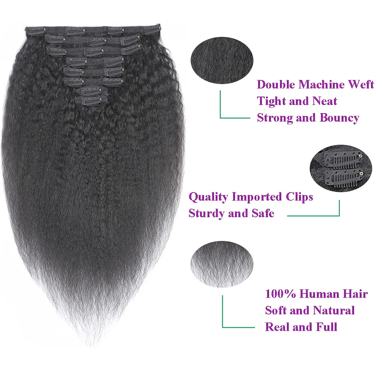 Clip in Hair Extension Human Hair for Women Kinky Straight Clip Ins Extension Yaki Straight Real Virgin Brazilian Hair Weft Silky Soft Clips in Human Hair Kinky Straight (14 Inch, Natural)