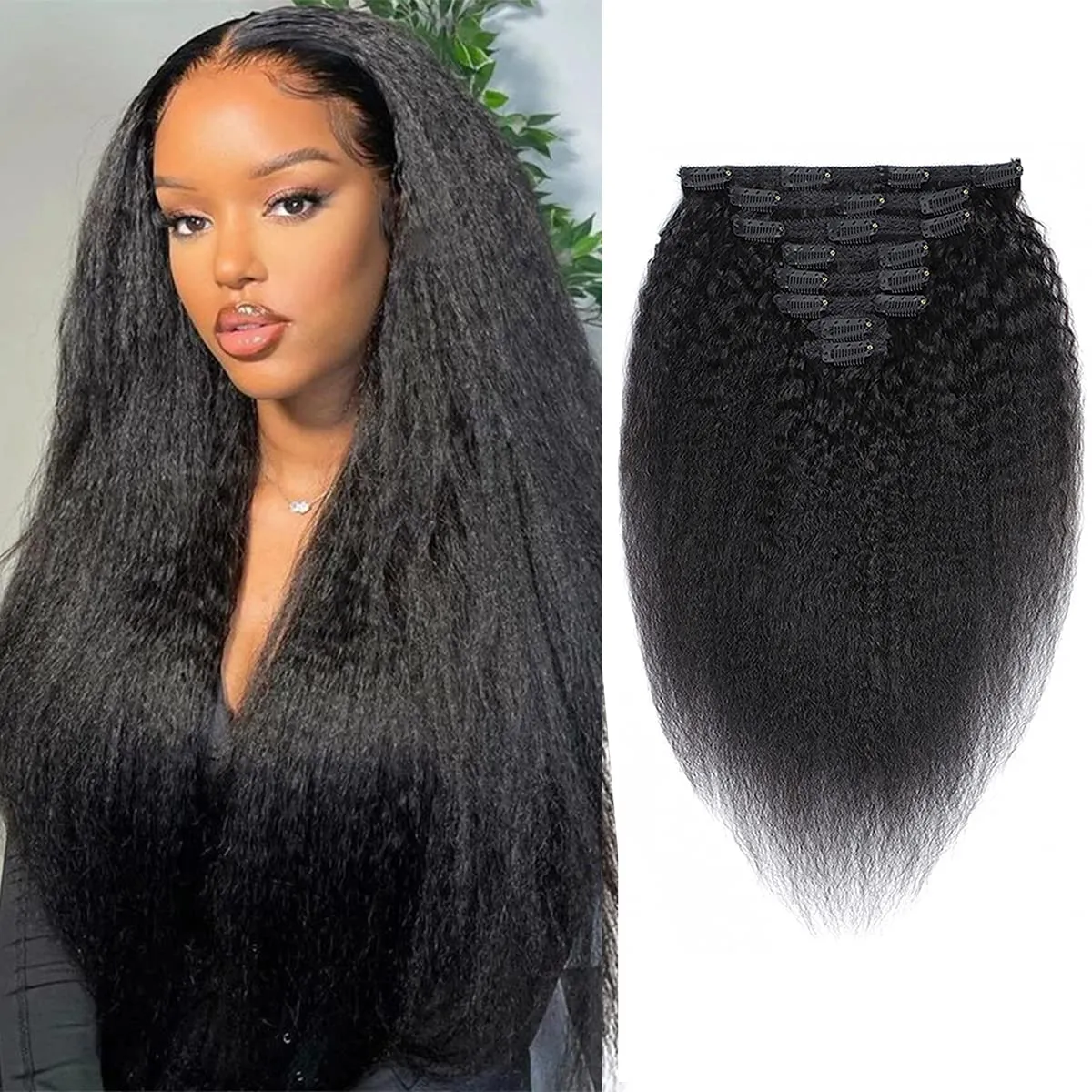 Clip in Hair Extension Human Hair for Women Kinky Straight Clip Ins Extension Yaki Straight Real Virgin Brazilian Hair Weft Silky Soft Clips in Human Hair Kinky Straight (14 Inch, Natural)