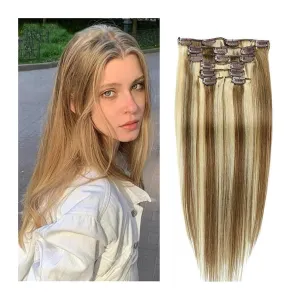 Clip in Hair Extensions 7 Pieces/Set Clip in Hair Extensions Real Human Hair,Soft Human Hair Extensions for Women,Long Straight Human Hair clip in Hair Extension,Mixed Bleach Blonde Fashion Hair Exten