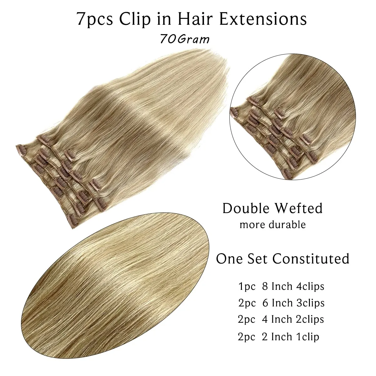 Clip in Hair Extensions, Ash Blonde Balayage Blonde Hair Extensions Real Human Hair Clip ins, 14 Inch 7 Pcs 70G Double Wefts Hair Extensions Human Hair Clip in Extensions for Thin Hair