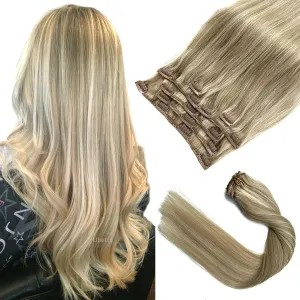 Clip in Hair Extensions, Ash Blonde Balayage Blonde Hair Extensions Real Human Hair Clip ins, 14 Inch 7 Pcs 70G Double Wefts Hair Extensions Human Hair Clip in Extensions for Thin Hair