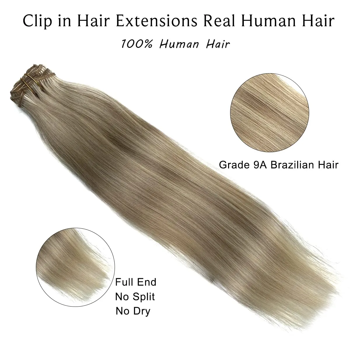 Clip in Hair Extensions, Ash Blonde Balayage Blonde Hair Extensions Real Human Hair Clip ins, 14 Inch 7 Pcs 70G Double Wefts Hair Extensions Human Hair Clip in Extensions for Thin Hair
