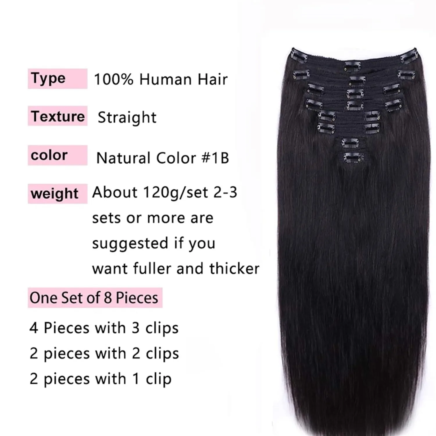 Clip in Hair Extensions Clip In Human Hair Extensions, Real Remy Thick Straight Clip Ins Black Human Hair Extensions for Relaxed Hair 7 Pieces Per Set for Women, #1B 120 Gram Human Hair Clip(14 Inch,2