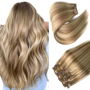 Clip in Hair Extensions, Golden Blonde with Light Blonde Highlights Remy Hair Extensions Clip in Real Human Hair 7 Pcs 70G Clip in Extensions 20 Inch Double Wefts Hair Clip ins for Fine Hair Women