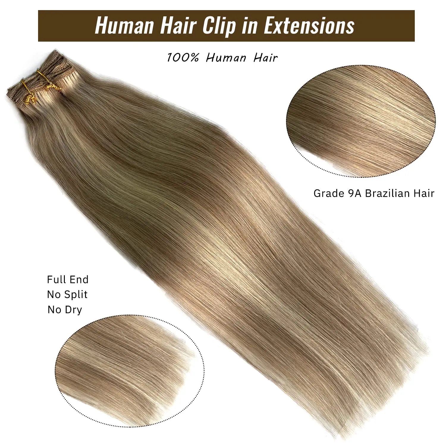 Clip in Hair Extensions, Golden Blonde with Light Blonde Highlights Remy Hair Extensions Clip in Real Human Hair 7 Pcs 70G Clip in Extensions 20 Inch Double Wefts Hair Clip ins for Fine Hair Women