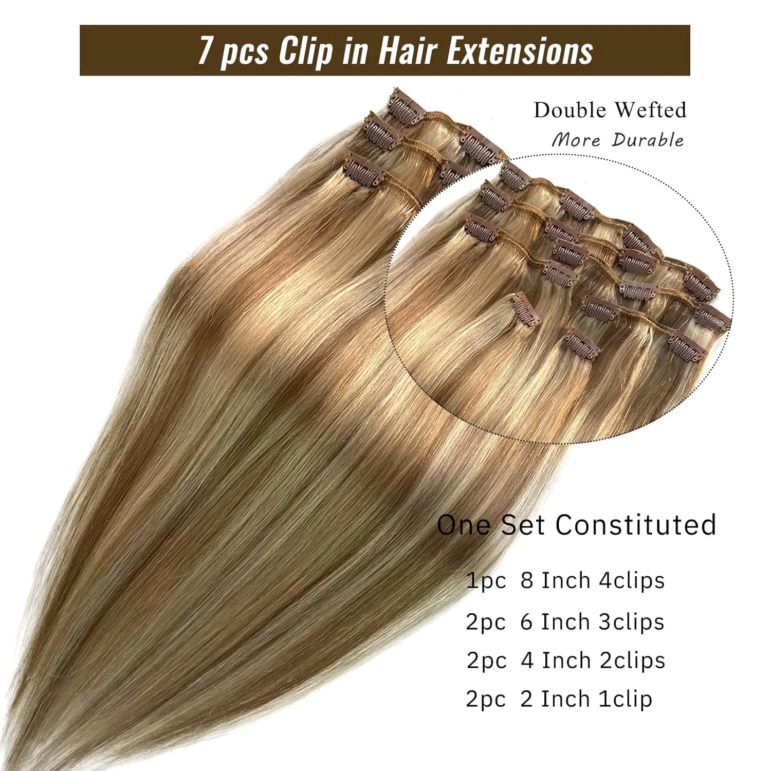 Clip in Hair Extensions, Golden Blonde with Light Blonde Highlights Remy Hair Extensions Clip in Real Human Hair 7 Pcs 70G Clip in Extensions 20 Inch Double Wefts Hair Clip ins for Fine Hair Women