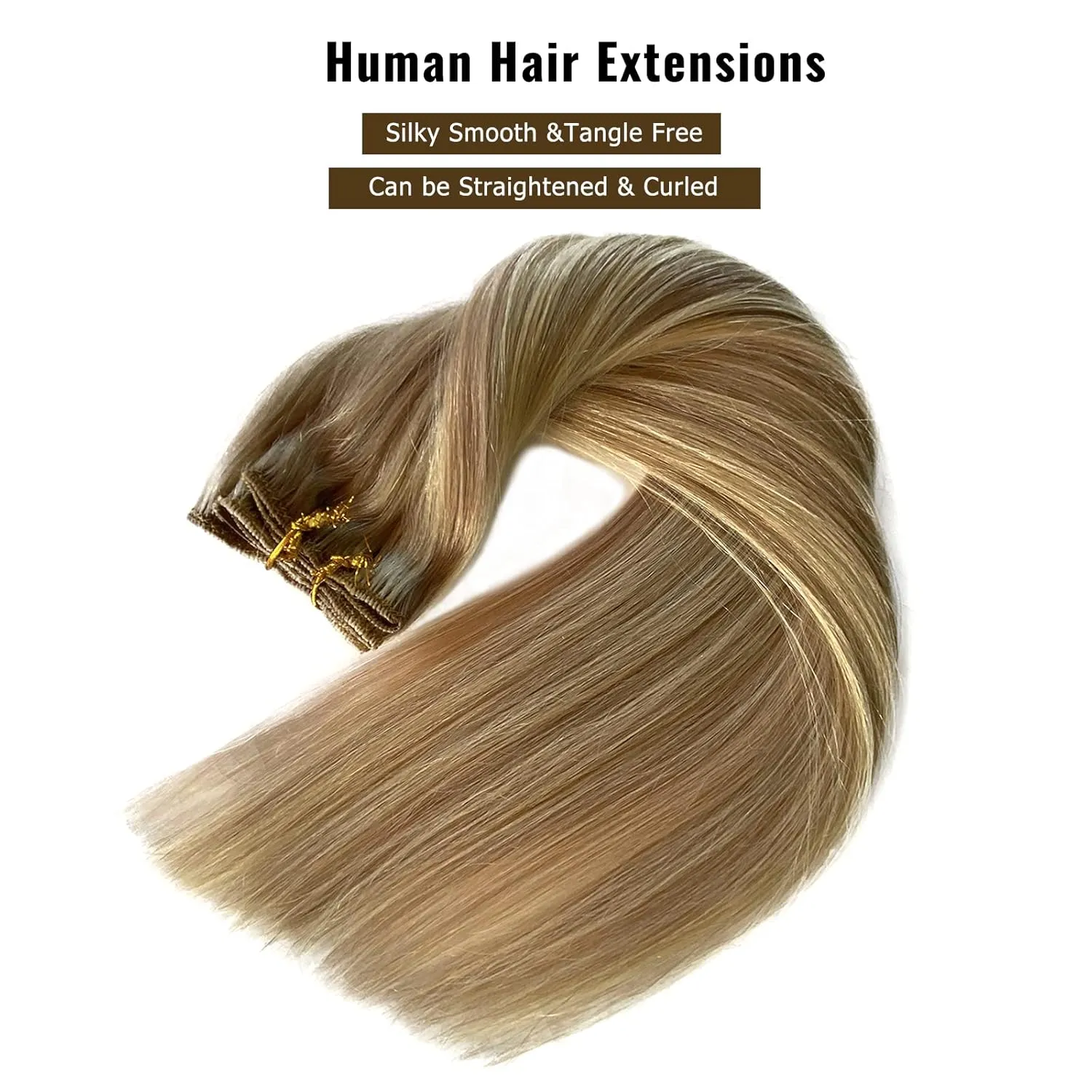 Clip in Hair Extensions, Golden Blonde with Light Blonde Highlights Remy Hair Extensions Clip in Real Human Hair 7 Pcs 70G Clip in Extensions 20 Inch Double Wefts Hair Clip ins for Fine Hair Women